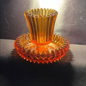 Vintage Indiana Glass Diamond Point Base Amber Candle Votive Candlestick Holder